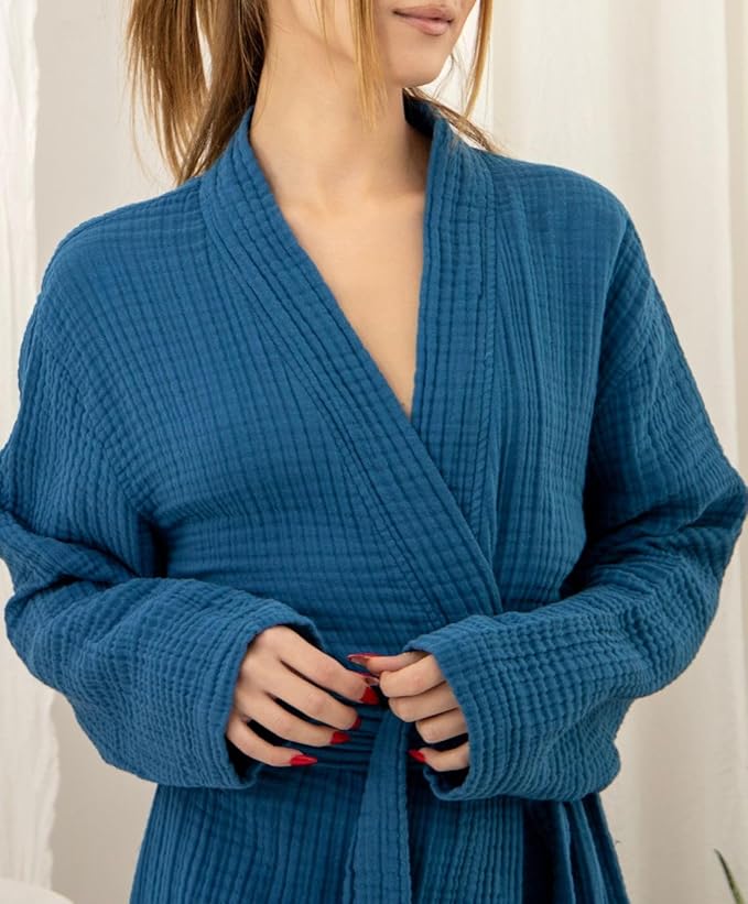 100% Cotton Muslin Kimono Robe for Women, Lightweight Gauze Bathrobe, Soft Breathable Spa Robe