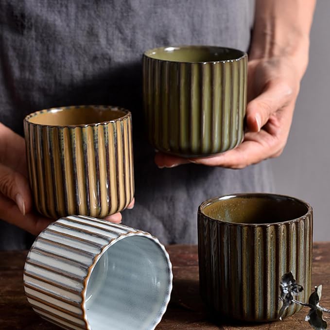 Vintage Ceramic Mug, Japanese Tea Cup 6oz Striped Cup No Handle Drinking Cup for Espresso, Cortado, Matcha, Green Tea, Microwave and Dishwasher Safe, Kiln Transformation Cup (White)