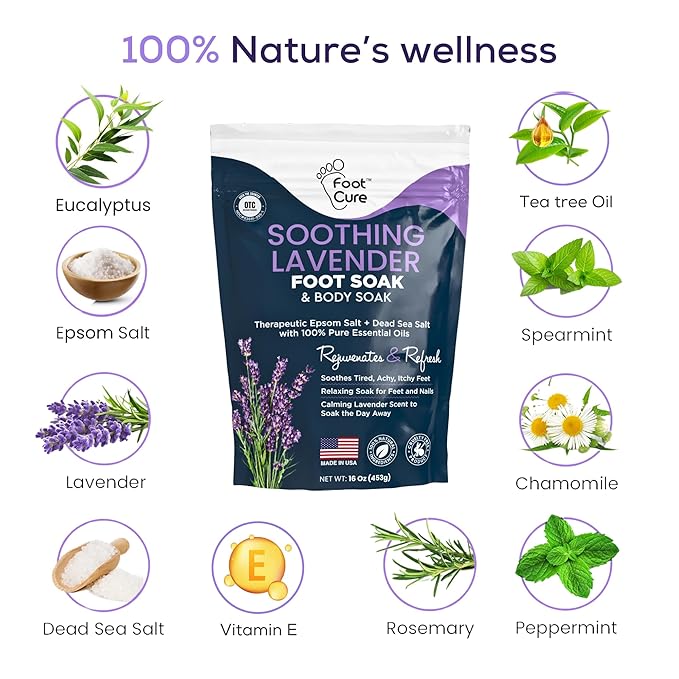 FOOT CURE Soothing Lavender Foot Soak - Pedicure Foot Spa with Epson Salts for Soaking Feet - Foot Massager Spa - Foot Scrubber Dead Skin Remover - Epsom Salt Bath Soak (Pack of 2)