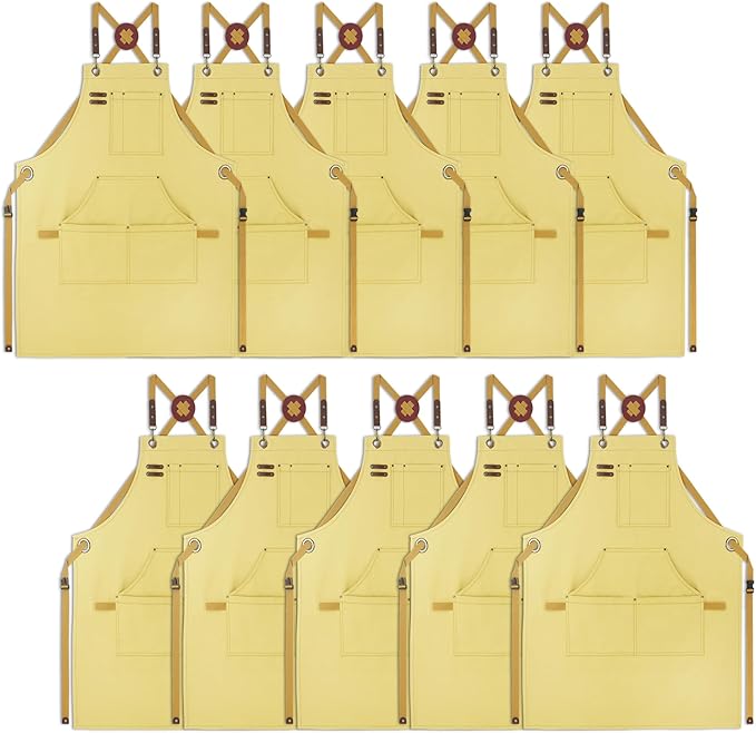 10 Pack Kitchen Apron, Work Apron, Canvas, Multiple Pockets, Gardening, Painting, BBQ, Artist, Carpenter, Sizes M to XXL, Amber