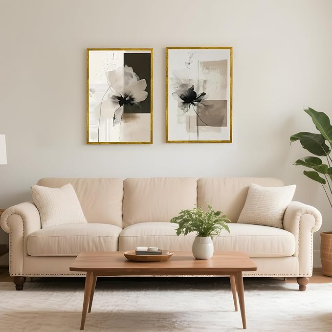 Minimalist Abstract Floral Wall Art Prints Set of 2 Neutral Beige Black Flower Canvas Painting Poster Trendy Botanical Picture for Gallery Modern Japandi Boho Home Decor 24x36inch Gold Framed