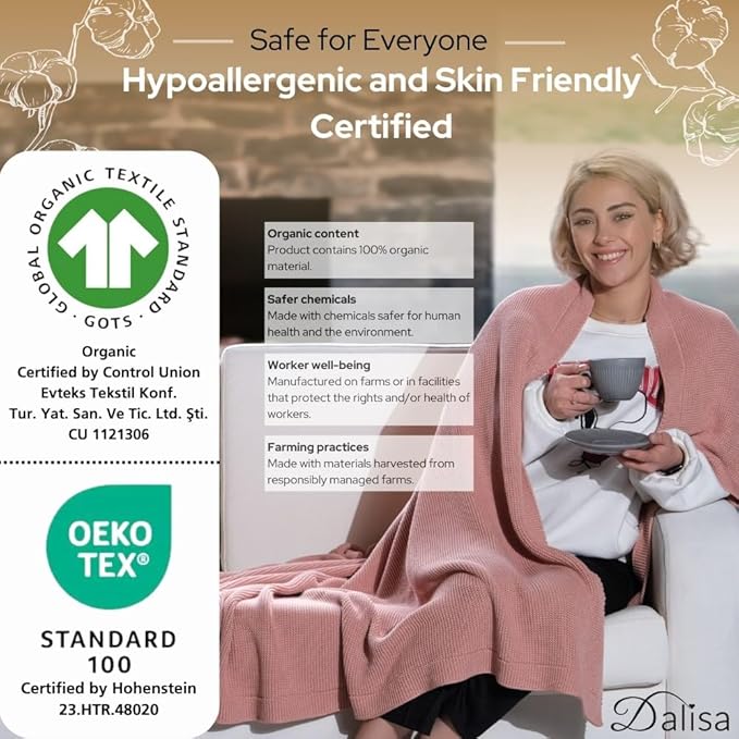 Dalisa 100% Organic Turkish Cotton Throw Blanket - GOTS Certified, Cozy - Perfect for Couch, Bed, and Home Decor - Boho Vintage Knit Alina (Pink, 50x60)
