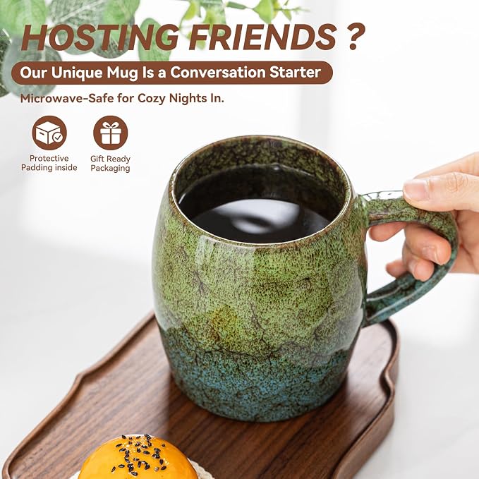 Handmade 22oz Ceramic Coffee Mug, Ergonomic Large Handle, Ideal Gift for Coffee Lovers, Microwave & Dishwasher Safe (Minute-Green&Blue)