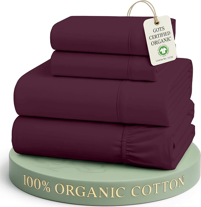 LANE LINEN California King Sheets 100% Organic Cotton 4pc - Windsor Wine | Cal King Sheets In Organic Cotton Percale - Cool All Summer, Cozy All Winter, Crisp Hotel-Style Feel, Great For Gifting