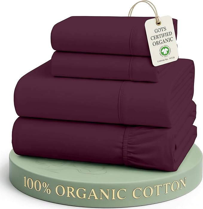 LANE LINEN Full Size Sheet Set 100% Organic Cotton Soft 4pc - Windsor Wine | Pure Long-Staple Organic Cotton Full Sheet Set - Soft From The First Wash, Crisp Cool Percale Weave, Great For Gifting