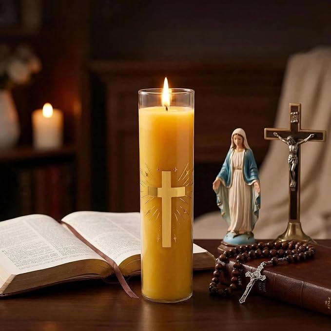 128 Hours Long Burning Beeswax Candles,Pure Beeswax Pillar Candles in Glass Jar,Unscented Natural Beeswax Prayer Candles for Religious Ceremony,Memorial,Vigil,Emergency (Yellow)
