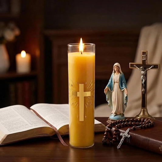 128 Hours Long Burning Beeswax Candles,Pure Beeswax Pillar Candles in Glass Jar,Unscented Natural Beeswax Prayer Candles for Religious Ceremony,Memorial,Vigil,Emergency (Yellow)