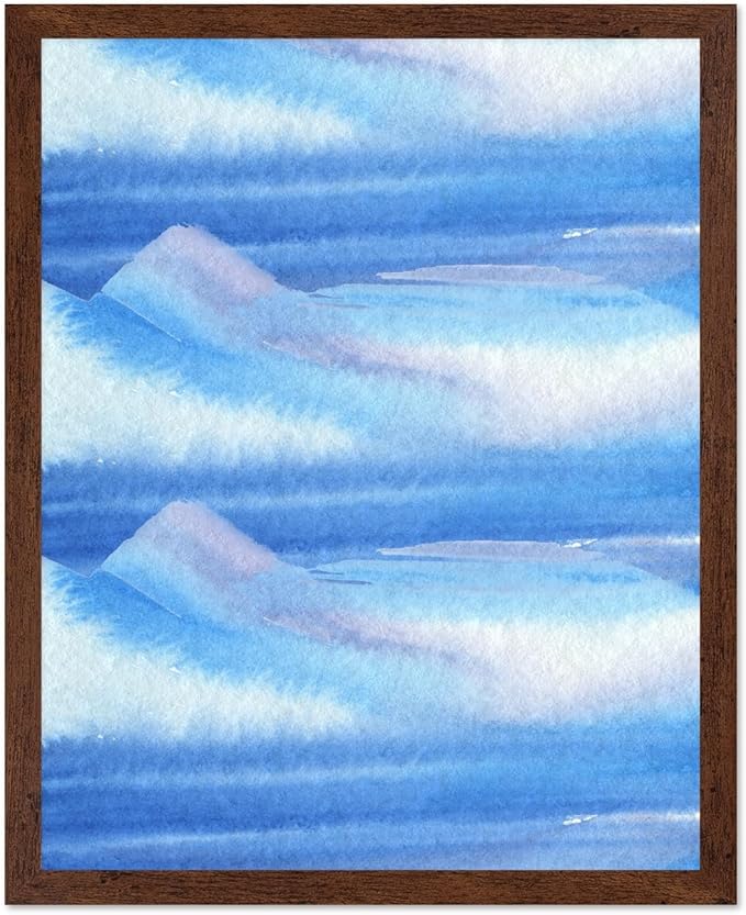 Monem Art Blue Watercolor Abstract Landscape Print - Minimalist Ocean Horizon Art Poster - Wall Decor for Living Room, Bedroom or Office - 16x20 Brown Framed Wall Art by Rs Lab Studio