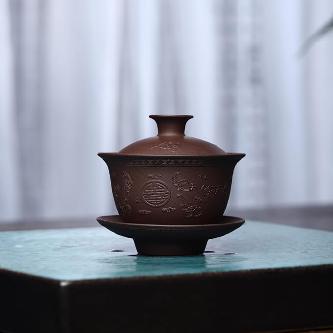 Yixing Clay Zisha Gaiwan 5 Oz,Chinese Kungfu Tea Bowl Cup,Blooming and Loose Leaf Tea Cup Set -Purple Clay