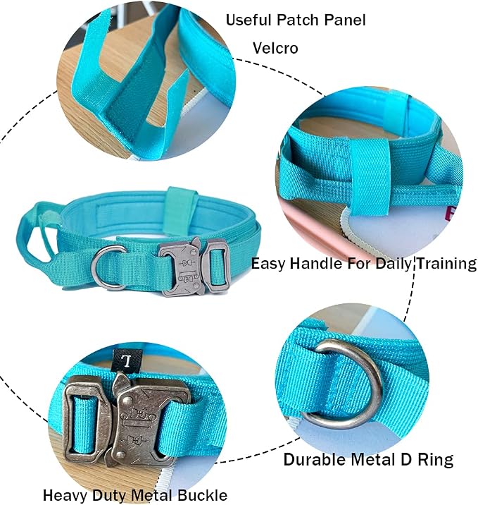 Tactical Dog Collar and Leash Set Adjustable Military Nylon Dog Collar with Control Handle and Heavy Duty Metal Buckle for Large Dogs（Blue XL