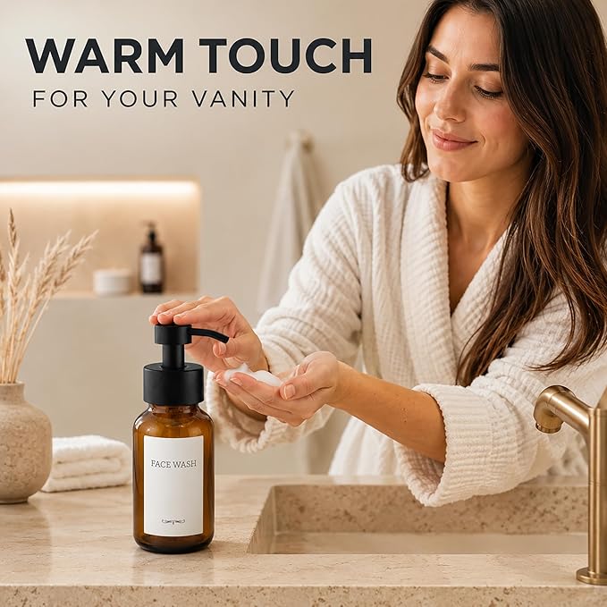 2Pcs Amber Glass Foaming Soap Dispenser - 8.5 oz Amber Glass Soap Dispenser with Pump, Compatible with Hand Soap, Dish Soap, Shampoo and Gel, Durable, Stylish & Refillable for Bathroom and Kitchen
