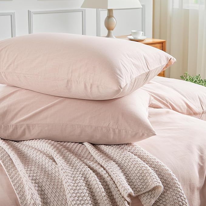 NEXHOME PRO Duvet Cover Set 100% Washed Cotton Full Size Linen Feel Textured Organic Natural 3 Pieces Bedding Set Greyish Light Pink with Zipper Closure and Corner Ties, Breathable(No Comforter)