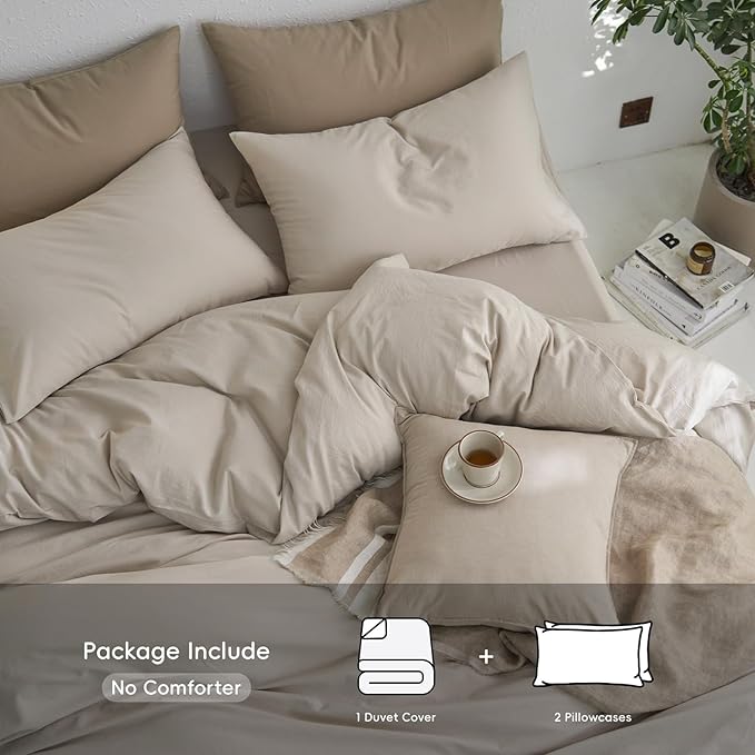 MooMee King Duvet Cover Set, 100% Washed Cotton Linen Like Twill Thick Sturdy Material Super Soft Breathable Durable Bedding for All Season, 3 Pieces (Cream Grey, King 104"x90")