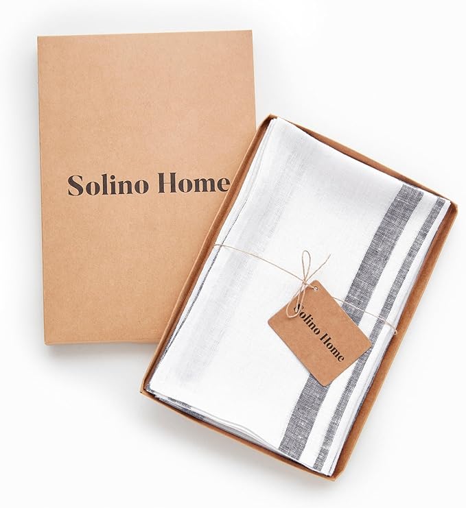 Solino Home Linen Dinner Napkins 20 x 20 Inch - 100% Pure Linen French Stripe Grey and White Napkins Set of 4 for Spring, Summer