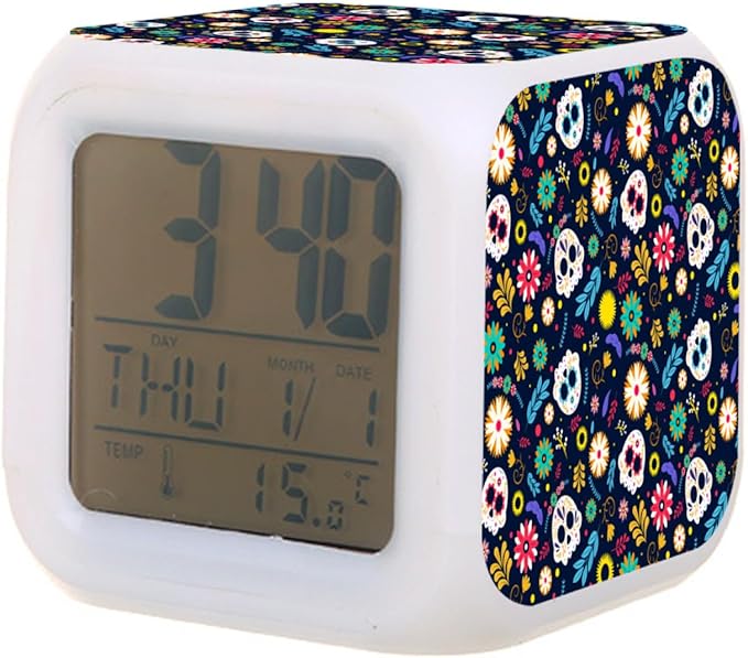Digital Alarm Clock,Skull with Flowers 7 Color Change LED Digital Alarm Clock with Date Thermometer for Toddlers,Girls and Boys