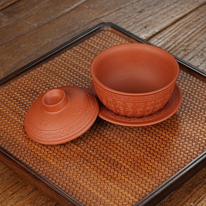 Yixing Zisha Purple Clay Gaiwan 5 Oz/ 150ml,Chinese Kungfu Tea Bowl Cup,Blooming and Loose Leaf Tea Maker Set -Baifu,Red Clay