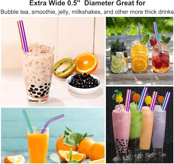 Vinaco Reusable Smoothie & Milkshake Straws, 0.5'' Wide Stainless Steel, 10.5'' & 8.5'' Long, 6 Pack with 1 Cleaner