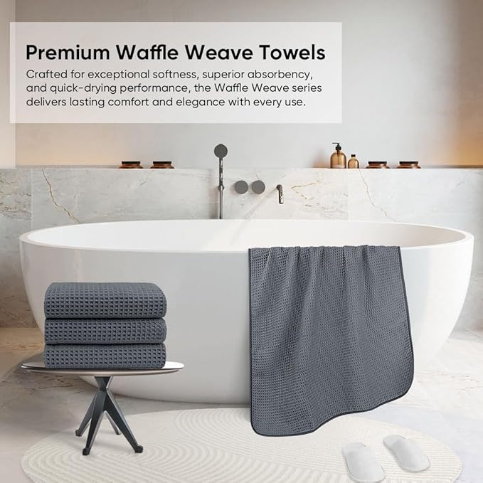 HOMEXCEL Waffle Bath Towels Set 4 Pack, Premium Microfiber Bathroom Towels, Ultra Soft, Lightweight, Highly Absorbent and Quick Dry Towel for Bathroom, Gym, Shower, Hotel, and Spa, 30 x 60 Inch, Grey