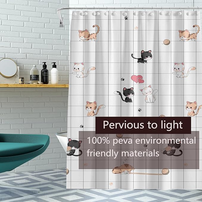TIKABC Shower Curtain Liner, 4G PEVA Colorful Cat Shower Liner, Plastic Waterproof Shower Curtains, 72x72 inch with Grommet Holes 3 Magnetic Weights