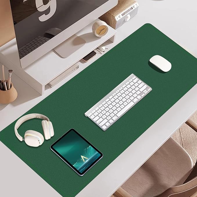 Non Slip Desk Mat, 31.5" x 15.7" PU Leather Desk Pad, Cork Desk Mat for Desktop, Desk Pad for Keyboard and Mouse, Ideal for Office and Home, Dark Green