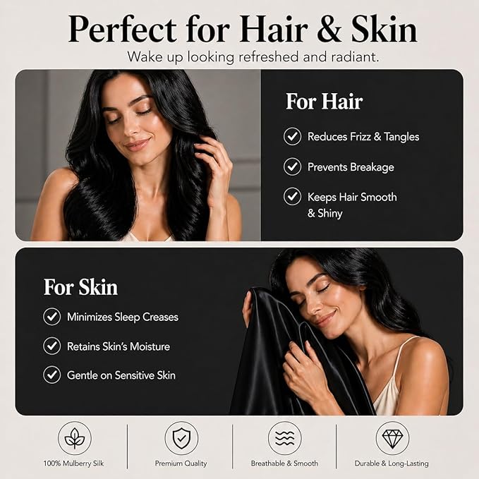 Organic Silk Pillowcase for Hair and Skin Made in USA, Natural Mulberry Silk Pillow Cases Black, 22 Momme, Oeko-TEX Certified, Anti Acne, 1 Pc 20"x26" (Standard, Black)