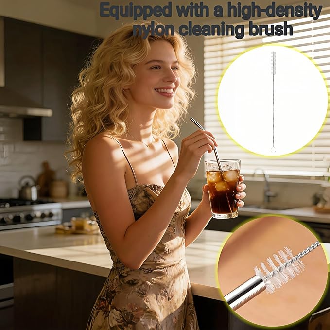 Reusable Stainless Steel Bent Straws, 5 Pack, 8.5 Inch, Food-Grade Metal Drinking Straws with Cleaning Brush, Silver, Black, Rose Gold, Gold, Iridescent