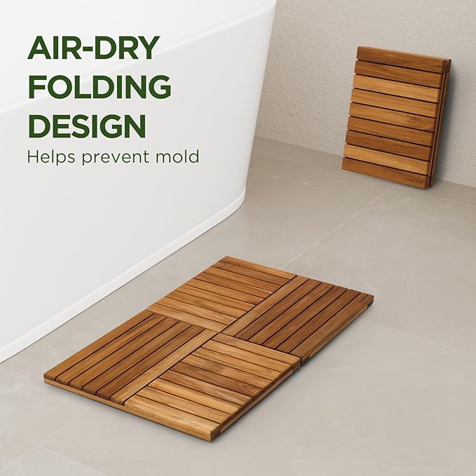 Premium 32"x21" Solid Teak Shower Mat, Extra Large Foldable Teak Bath Mat, Fast-Drain Slatted Design, Non-Slip Feet, Quick Dry for Bathroom, Door, Sauna, Indoor & Outdoor, 385 Lbs Capacity