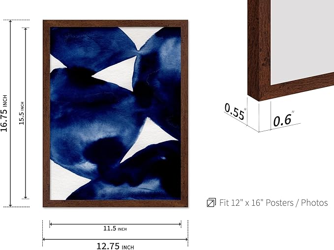Monem Art Indigo Abstract Watercolor Painting Print - Minimalist Modern Art Poster - Wall Decor for Living Room, Bedroom or Office - 12x16 Brown Framed Wall Art by Mareike Bohmer