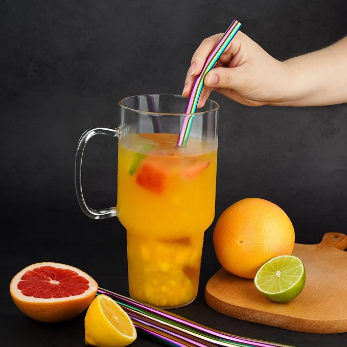 Tomorotec 8PCS Stainless Steel Straws Fit for 40oz Stanley Tumblers | 12" Reusable Drinking Straws with Brush, 4 Bent & 4 Straight Straw for Smoothies, Milkshakes, Dishwasher Safe (Metallic)