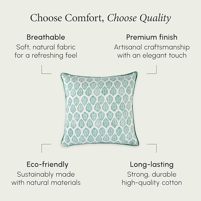 CPC 100% Cotton Throw Pillow Covers 24x24 Inch, Set of 2 Green Block Print Pattern Couch Pillow, Cute Boho Decorative Pillows for Living Room, Bedroom with Hidden Zipper- Sea Green