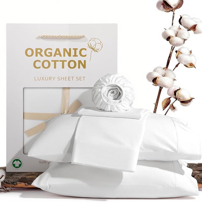 SONORO KATE 100% Organic Cotton Sheets Set - 1000 High Thread Count, GOTS Certified Long Staple Cotton Bed Sheets, Soft, Breathable 5-Star Hotel Sheets, 16" Deep Pockets - 4 PC (White,Queen)