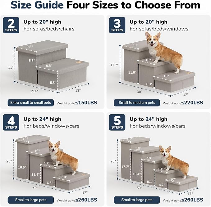 5-Step Wide Dog Stairs with Storage 23" H, Non-Slip Sturdy Pet Steps for High Bed Couch Window, Pet Stairs for Small/Medium/Large Old Dogs Cats Up to 260lbs, Cat Dog Steps for Car/SUV, Grey