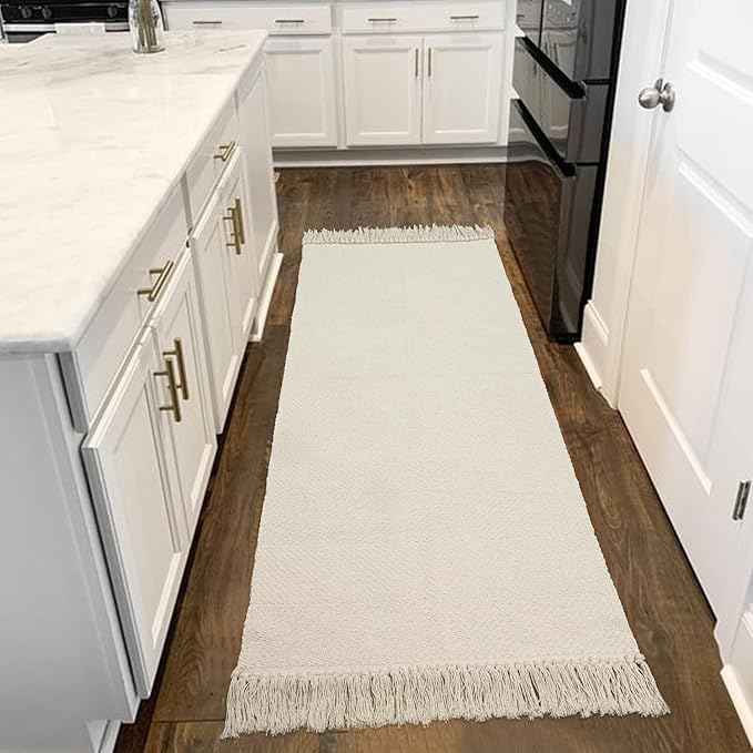 Collive 2x6 Runners for Hallway, Woven Reversible Washable Entryway Runner Rug, White/Beige Cotton Modern Farmhouse Laundry Room Carpet for Bathroom Sink Foyer Bedroom