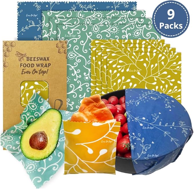 9 Pack Reusable Beeswax Wraps For Food - Zero Waste, Organic Bee wrap for food leftovers, Fruit, Bees wax paper food wrap