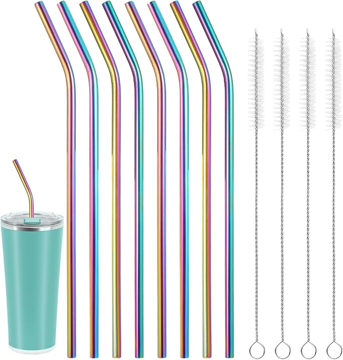8 Pcs Reusable Long Metal Straws for 40 oz Tumbler 12 inch Colorful Reusable Metal Straws with Cleaning Brush Stainless Steel Straws Long Reusable Colorful Bent Straw with 4 Pieces Cleaning Brush