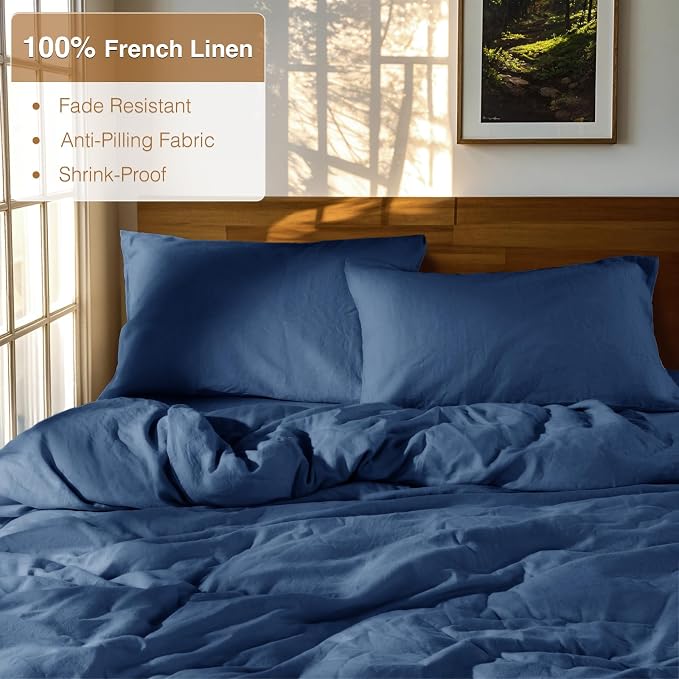 SONORO KATE 100% French Linen Duvet Cover Queen Size, Soft Breathable for Hot Sleepers, Moisture Wicking & Durable Cover Set - Zipper Closure & 4 Corner Ties Duvet Covers 3 Piece (Navy Blue,Queen)