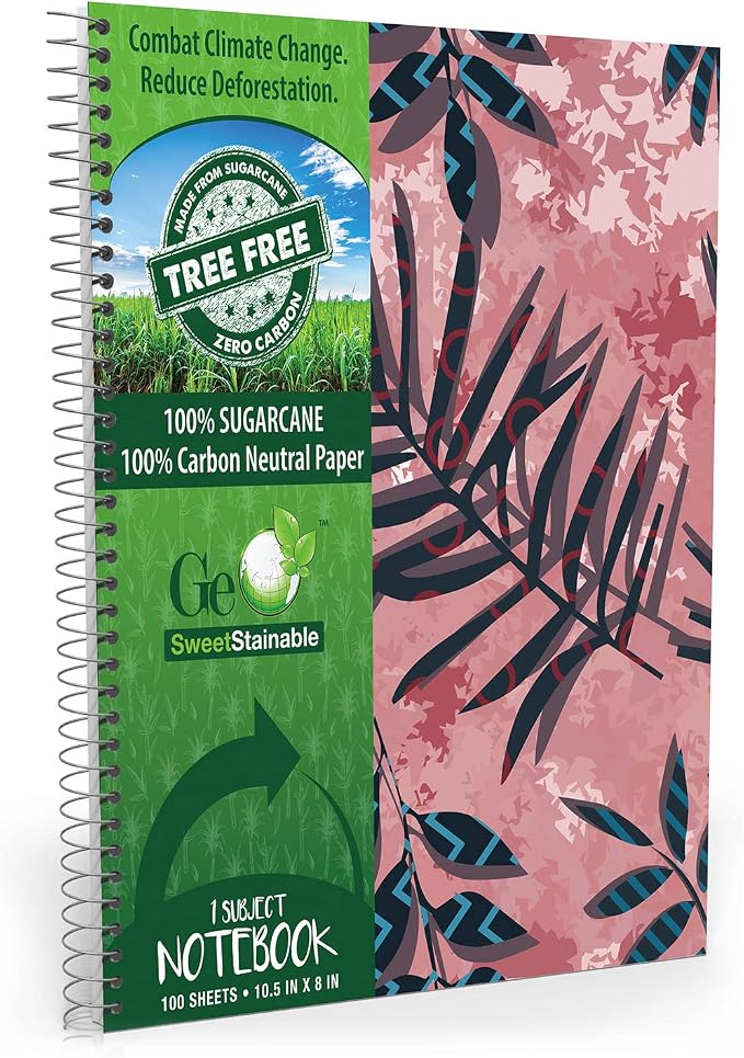 Spiral Notebook, Eco-Friendly & Carbon Neutral Tree Free Paper Subject Notebook, 8” x 10.5”, 100 Sheets (Exotic Plants)