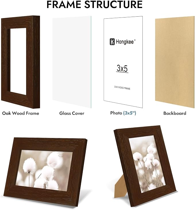 Hongkee 3x5 Oak Wood Picture Frame (1 Pack, Walnut) with Real Glass Cover | Solid Wood 3 x 5 Small Frame for Wall or Tabletop Display - Includes Easel Back, Vertical Hang - Ideal for Home, Office