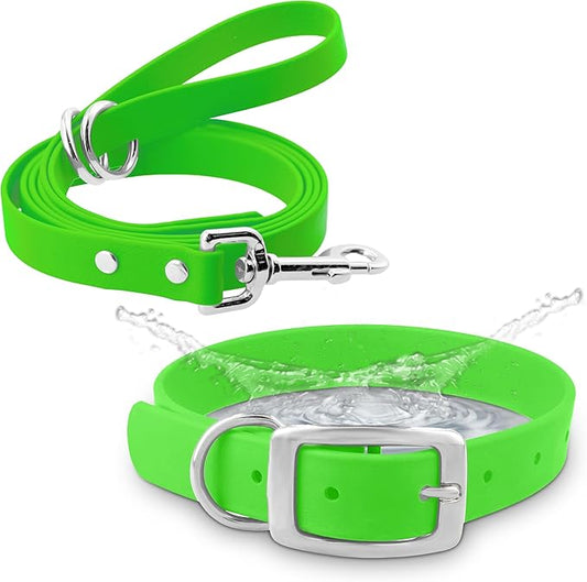 Regal Dog Products Large Light Green Waterproof Dog Collar and Leash Set | Heavy Duty Double Buckle & D Ring - 5'ft Leash | Adjustable Biothane Dog Collar | Chew Resistant Waterproof Collar for Dogs
