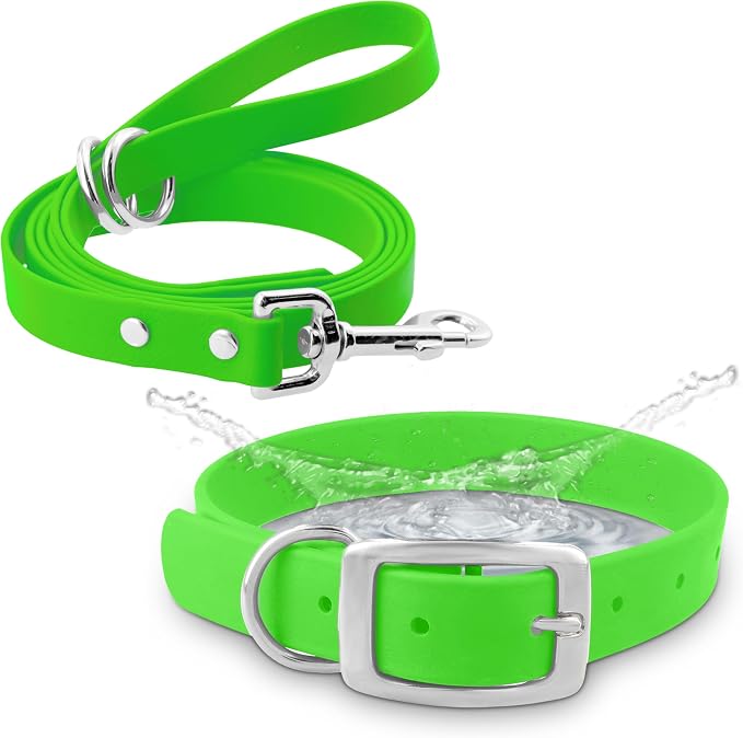 Regal Dog Products Medium Light Green Waterproof Dog Collar and Leash Set | Heavy Duty Double Buckle & D Ring - 5'ft Leash | Adjustable Biothane Dog Collar | Chew Resistant Waterproof Collar for Dogs