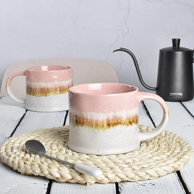 Bosmarlin Medium Ceramic Coffee Mug Set of 2, 15 Oz, Big Stoneware Tea Cup for Office and Home, Dishwasher and Microwave Safe (Pink, 2)