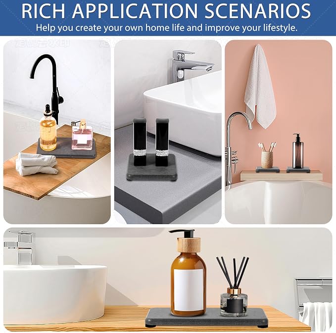 4PCS Water Absorbing Stone Tray, Quick Drying Diatomite Stone Sink Tray, Water Absorbent Diatomite Coasters Used for Hand Soap Dispenser Toothbrush Sponges Holders in Bathroom Counter and Kitchen Sink