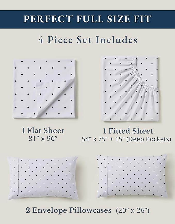 LANE LINEN 100% Organic Cotton Full Sheets Set, Percale Fully Elasticized Mercerized Soft & Comfy Machine Washable Printed Cotton Sheet Set, Eco Friendly Printed Full Size Bedding- Polka Dot