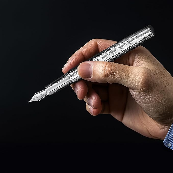 ‘The Mirror’ Silver Luxury Executive Fountain Pen, Woven Chrome Finish, Medium Nib, Smudge Free, No Bleed, Use Any Fountain Ink with Included Converter, Fits Cartridges (sold separately)