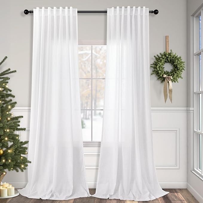 Pitalk 60 Inch Wide Curtains for Living Room 2 Panels Back Tab Pocket Drape Semi Sheer Linen Extra Large Curtains for Home Office Hotel Flat Family Sunroom Loft 5 FT Width by 9 FT Long 60 x 108 White