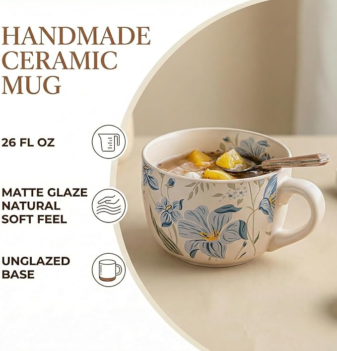 Ceramic Mugs for Men & Women, Unique Microwave & Dishwasher Safe Tea/Coffee Rustic Stoneware Cups for Office & Home (Orchid Breakfast Mug)