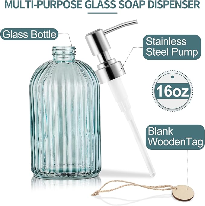 MOCLIF 16OZ Fashion Stripe Clear Glass Refillable Soap Dispenser with 304 Stainless Steel Pump Premium Soap Dispenser， for Kitchen, Bathroom, Hand Sanitizer, Liquid Soap, Lotion, etc. (Clear Blue)