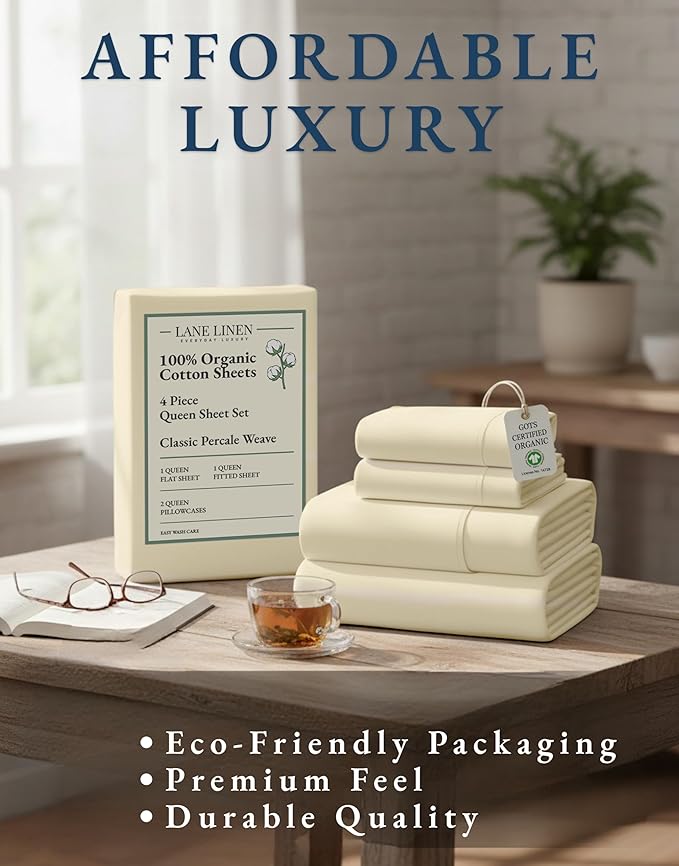LANE LINEN 100% Organic Cotton Queen Sheets, 4Pc Cotton Sheets Set, Classic Percale Weave Bedsheets Queen Size Bed, Soft Breathable Sheet & Pillowcase Sets, Deep Pocket 15" - Natural