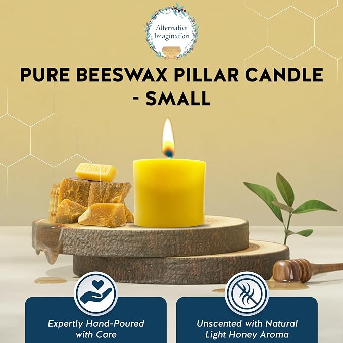 100% Pure Beeswax Candle – Long Lasting Burn – Non-Toxic & Hypoallergenic – Natural Honey Aroma – Handcrafted – Sustainably Sourced – Alternative Imagination – 3x3 Inch – Natural Yellow