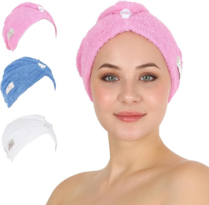HALLEY Cotton Hair Towel Wrap (3 Packs) Super Absorbent Fast Drying Hair Towel for Thick Hair Turbans for Wet Hair with Button (Pink, Blue, White)